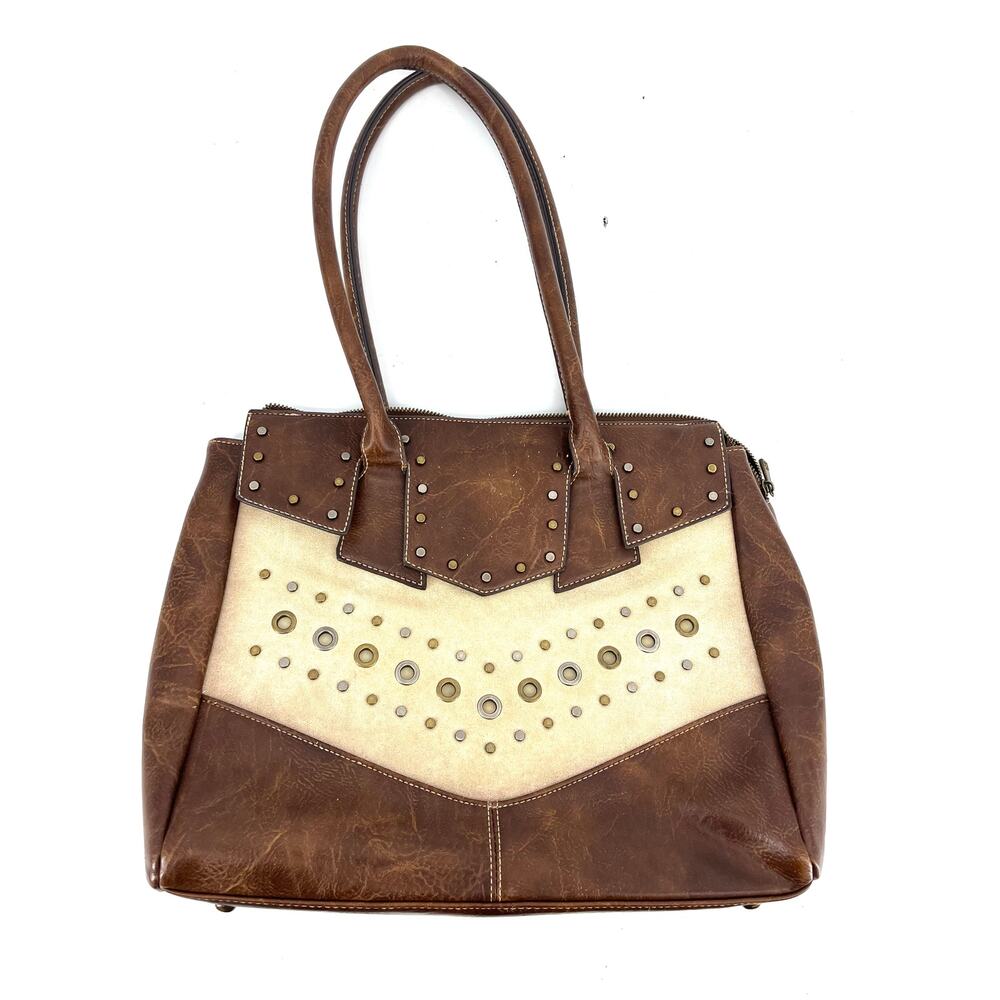 Catchfly large brown faux vegan leather and canvas tote bag Western‎ studs